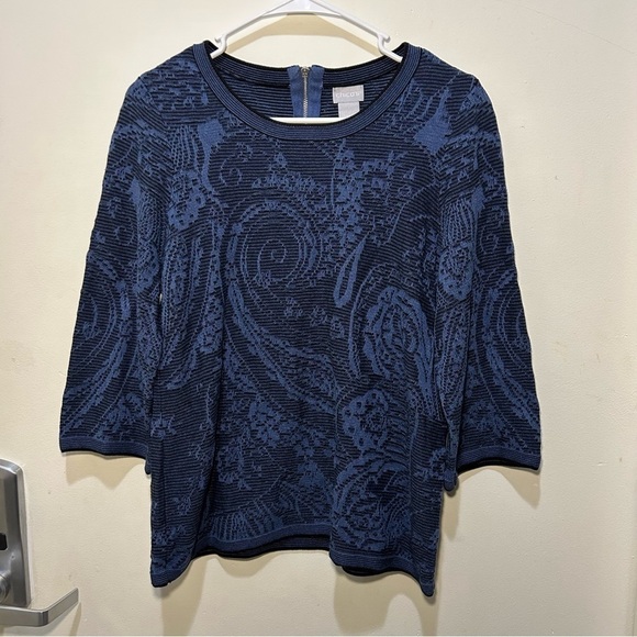 Chico’s Blue & Black Paisley Jacquard Pullover 3/4 Sleeve Sweater Size Medium - Picture 3 of 11